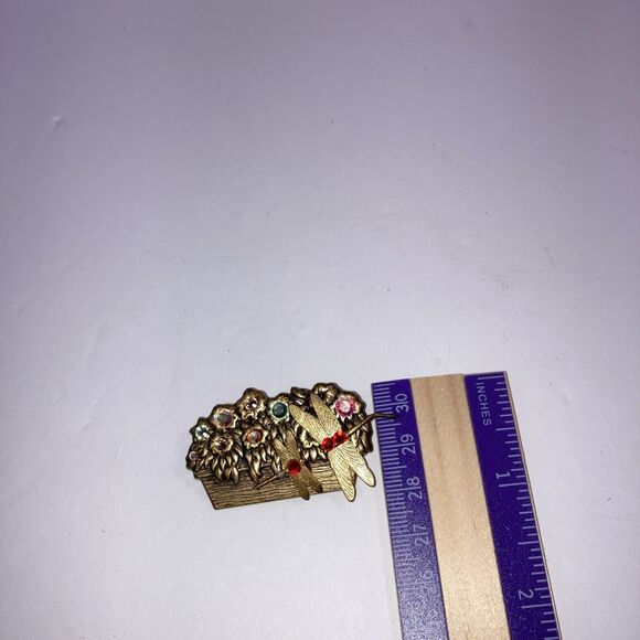 Vintage Unmarked Dragonfly Pin Brooch Bronze With Rhinestones And Orange Stones - Picture 4 of 4